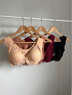 Lot of 4 Women’s XL Front Closure Wireless Lace Comfort Bras Black Burgundy Nude